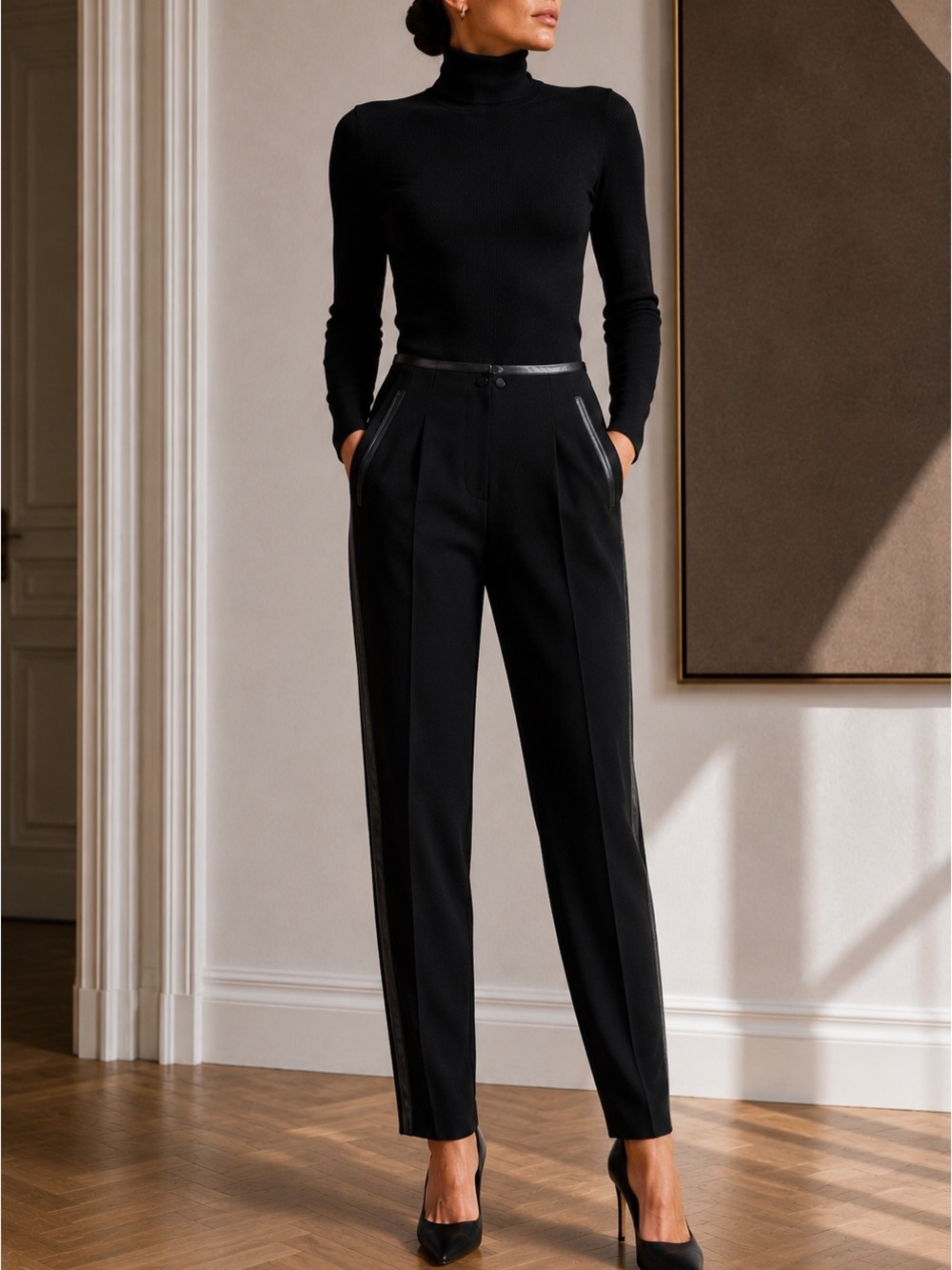 Escada Couture Vintage 90s Wool Pants High Waist Tapered Tuxedo Excellent 38 8
